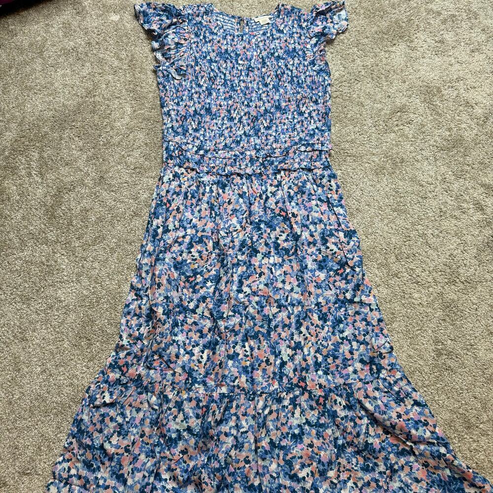 Shoshanna Wo Parker Smocked Dress in Periwinkle Blue Multi MIDI MSRP $418 - Picture 5 of 8
